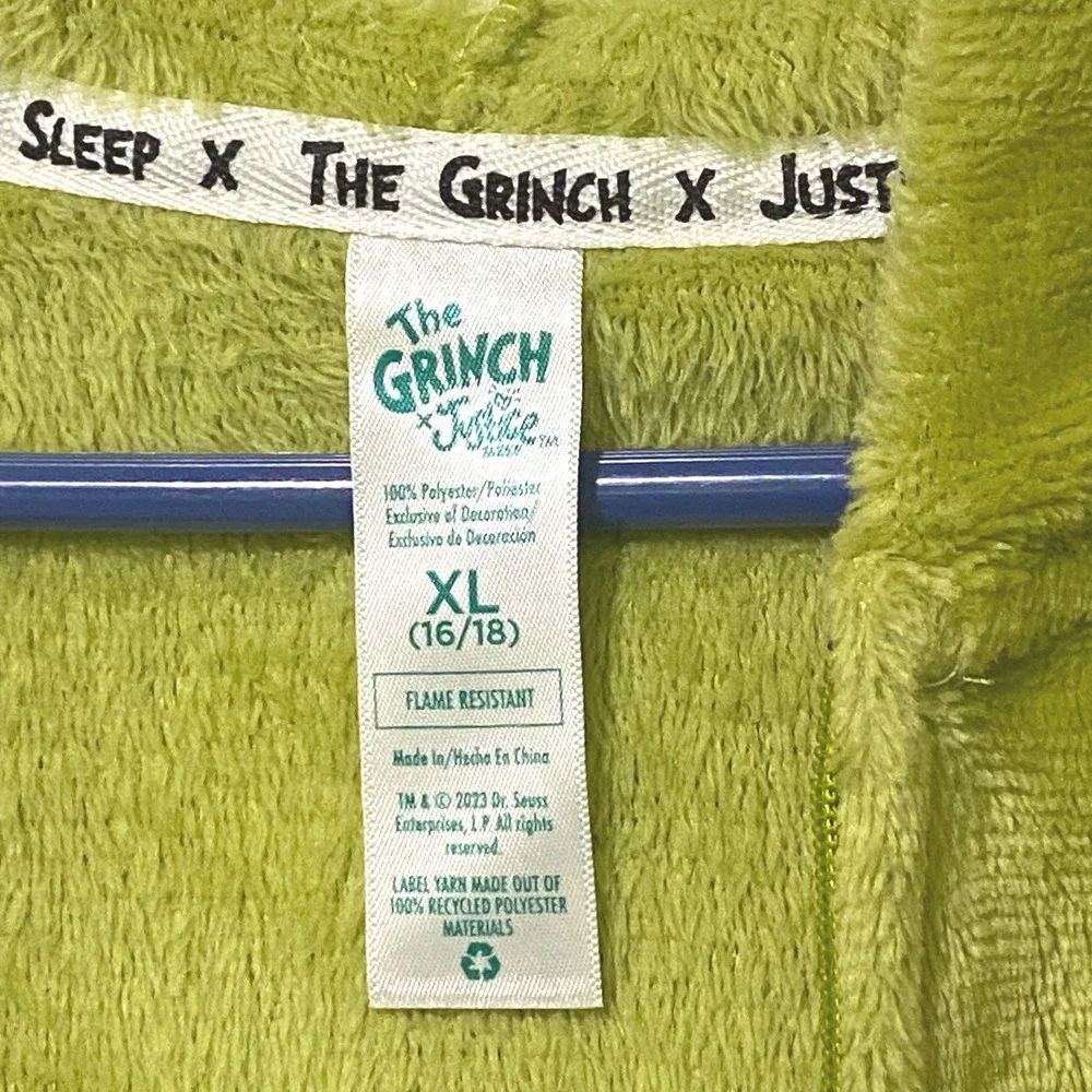 Grinch x Justice Sleep One Piece Pajama Jumpsuit Pom Pom Hood Loungewear XL